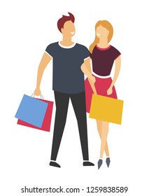 Shopping man and woman or couple with bags or packs isolated icon guy and girl holding hands and packagings with goods and purchases husband and wife or girlfriend and boyfriend buying vector.