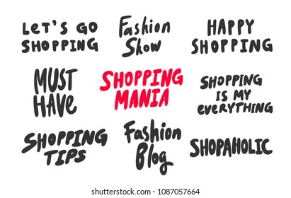 Shopping mania set. Fashion show, happy, must have. Sticker for social media content. Vector hand drawn illustration design. Bubble pop art comic style poster, t shirt print, post card, video blog