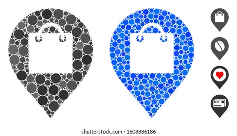 Shopping map marker composition of filled circles in various sizes and shades, based on shopping map marker icon. Vector filled circles are grouped into blue composition.