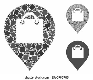 Shopping map marker mosaic of ragged items in various sizes and color tinges, based on shopping map marker icon. Vector trembly items are composed into mosaic.