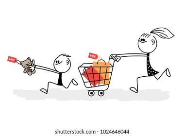 Shopping marathon. Mother and son. Vector.