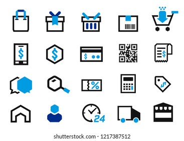 Shopping at market, pay money and delivery product online in edge icon style. e-commerce business.