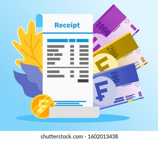 Shopping or Market Receipt Payment with Swiss Franc Money vector illustration flat design. Payment and finance element.  Can be used for web and mobile, infographic and print.