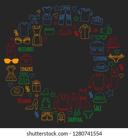Shopping, market, store. Clothes and fashion icons
