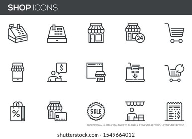 Shopping and Market Vector Line Icons Set. Store, Seller, Sale, Cash Register, Cashier. Perfect pixel icons, such can be scaled to 24, 48, 96 pixels.