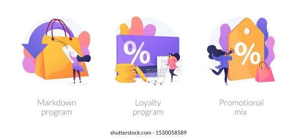 Shopping marketing campaign icons cartoon set. Store special offers advertisement. Markdown program, loyalty program, promotional mix metaphors. Vector isolated concept metaphor illustrations