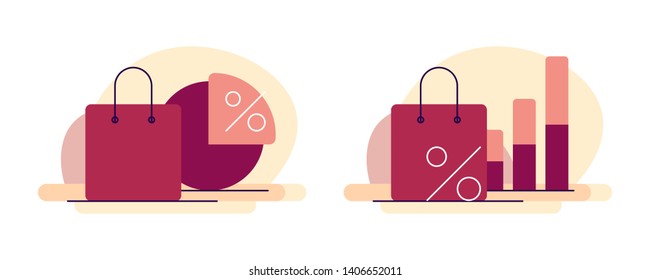 Shopping, marketing and e-commerce. Profit and sales. Shopping bag and charts. Set of two modern flat illustrations. Vector file.