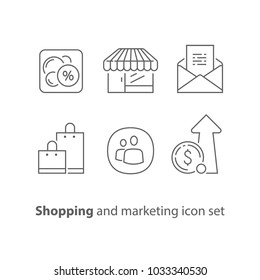 Shopping and marketing, email promotion, sales increase, loyalty program, discount coupon, revenue growth, earn points, vector icons, line design