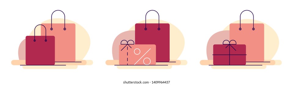 Shopping, marketing, sales. Discount, loyalty card, gifts. Set of flat illustrations. Vector file.