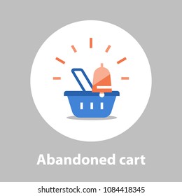 Shopping and marketing strategy, abandoned cart remainder, basket with bell, sales improvement, loyalty program, promotion offering, vector flat icon