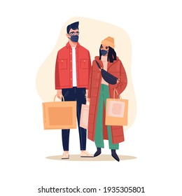 Shopping In Mask. Couple In Store Making Purchases In Medical Masks, People With Packages And Bags, Security Measures. Vector Concept