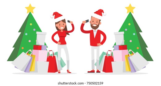 Shopping men and women characters vector design. Christmas shopping.