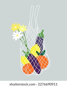 Shopping mesh bag with fruits and daisies on a grey background. Ecological illustration.