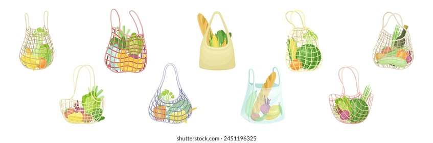 Shopping Mesh or Net Bag with Various Grocery Product Vector Set