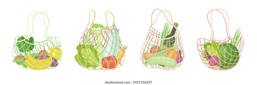 Shopping Mesh or Net Bag with Various Grocery Product Vector Set