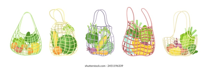 Shopping Mesh or Net Bag with Various Grocery Product Vector Set