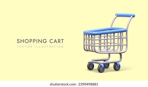 Shopping metal cart with blue elements. Time for shopping. Online purchases. Purchase and delivery of products from mall. Vector illustration in 3D style