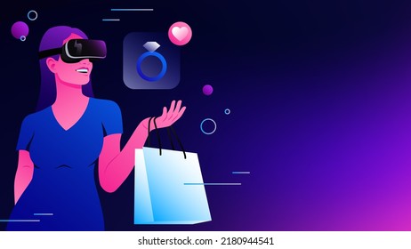 Shopping in Metaverse. Woman in VR Goggles buying stuff Illustration. Vector illustration