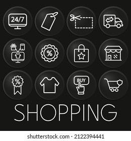 Shopping minimale Vektorsymbol auf 3D-Schaltfläche einzeln auf schwarzem Hintergrund. Premium-Vektorgrafik