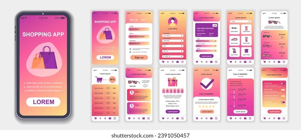 Shopping mobile app interface screens template set. Account login, credit card, assortment shop, goods basket, customer feedback. Pack of UI, UX, GUI kit for application web layout. Vector design.