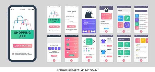 Shopping mobile app screens set for web templates. Pack of profile login, purchases list, online order, payment service, delivery. UI, UX, GUI user interface kit for cellphone layouts. Vector design