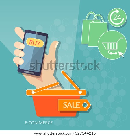 Shopping mobile man holding smart phone online store web market concept e-commerce set  