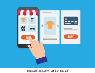 Einkaufen in Mobiltelefonen mit Benutzeroberflächenelementen. Vektorgrafik. Stockillustration
