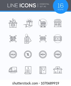 Shopping - modern vector colorful icons set. Images of a product basket, present, trolley, building, QR and bar code, price tags, cash, sale, free and new signs, delivery, box