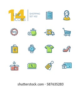 Shopping - modern vector icons set with accent color. Check-list, support, delivery, purse, label, cart, bag, watches, shirt shoes box discount sale gift voucher.