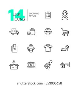 Shopping - modern vector line design icons set. Check-list, support, delivery, purse, label, cart, bag, watches, shirt shoes box discount sale gift voucher