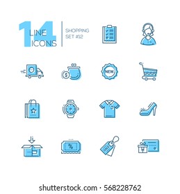 Shopping - modern vector line design icons set with accent color. Check-list, support, delivery, cart, bag, watches, shirt, shoes, box, discount, sale, gift, voucher. Material design concept symbols