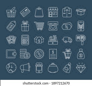 shopping and money icon set over blue background, line style, vector illustration