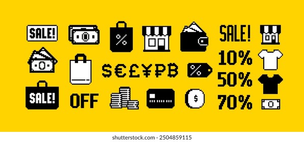 Compras y dinero Icono de píxel conjunto de colección de Vector. Tienda o tienda de píxeles, iconos de píxeles retro de moneda mundial. Comprar signos e iconos de descuento. Activos de juegos de computadora retro de 8 bits