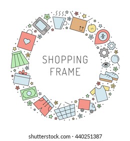 Shopping multicolored circle frame illustration (background). Clean and simple outline design. Part two.