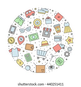 Shopping multicolored circle illustration (background). Clean and simple outline design.