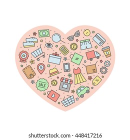 Shopping multicolored heart illustration (background). Clean and simple outline design.