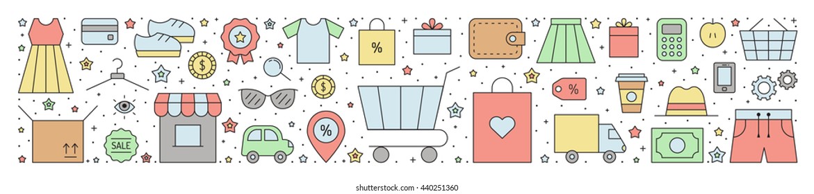 Shopping multicolored horizontal illustration (background). Clean and simple outline design.