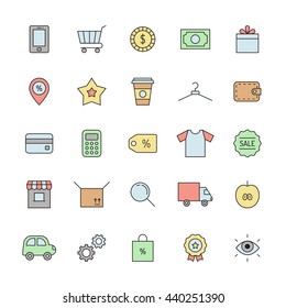 Shopping multicolored icon set. Clean and simple outline design.