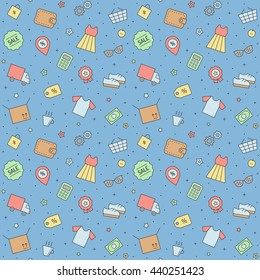 Shopping multicolored seamless pattern (blue). Clean and simple outline design. Part one.