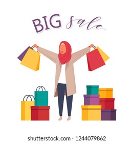 Shopping muslim woman with shopping bags hurrying on sale. Fashion Arab hijab vector character people illustration.