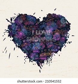 Shopping  neon background with colorful blots,inks,themed design with elements:sale,shoes ,heart gift,price tag,label,lipstick, discount,interest in the shape of heart with text