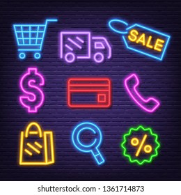 shopping neon icons, vector neon glow on dark background