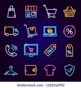 Shopping Neon Icons. Vector Illustration of Sale Symbols.