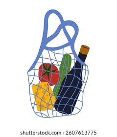 Shopping net bag with wine, cheese, tomato and cucumber. Hand drawn illustration of string bag with grocery in modern style.