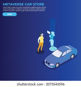 Shopping for a new car in a metaverse virtual reality store 3d isometric vector illustration concept for banner, website, landing page, ads, flyer template