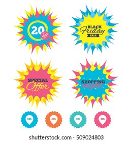 Shopping night, black friday stickers. Sale pointer tag icons. Discount special offer symbols. 10%, 20%, 30% and 40% percent discount signs. Special offer. Vector