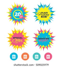 Shopping night, black friday stickers. Sale bag tag icons. Discount special offer symbols. 10%, 20%, 30% and 40% percent sale signs. Special offer. Vector