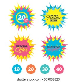 Shopping night, black friday stickers. Sale discount icons. Special offer price signs. 10, 20, 30 and 40 percent off reduction symbols. Special offer. Vector