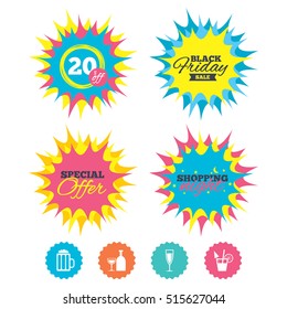 Shopping night, black friday stickers. Alcoholic drinks icons. Champagne sparkling wine and beer symbols. Wine glass and cocktail signs. Special offer. Vector