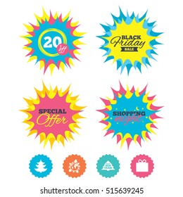 Shopping night, black friday stickers. Happy new year icon. Christmas trees and gift box signs. World globe symbol. Special offer. Vector